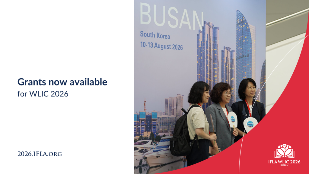 A picture of three people standing in front of a poster about WLIC 2026 Busan and posing for pictures